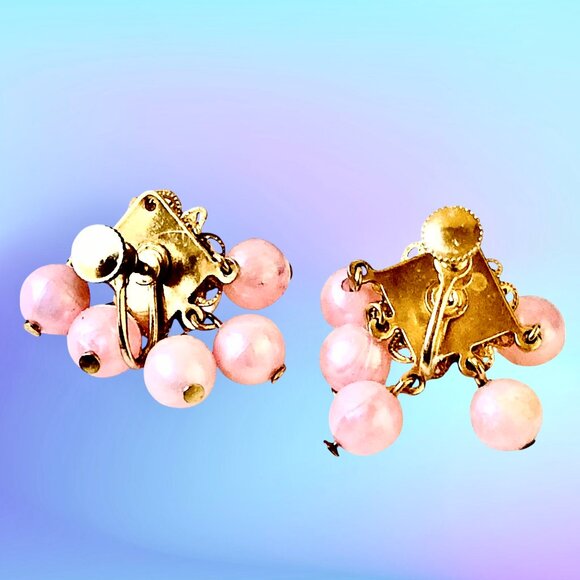 Mid Century Screw Back Earrings Pink Beads Cluster Goldtone Metal Dangling - Picture 10 of 11